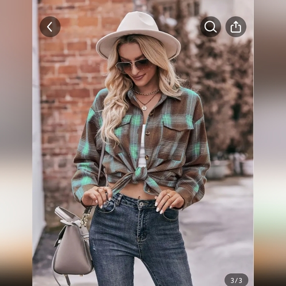 Women's Flannel Button Down Shirt Brown & Mint Green NWT - Picture 3 of 4